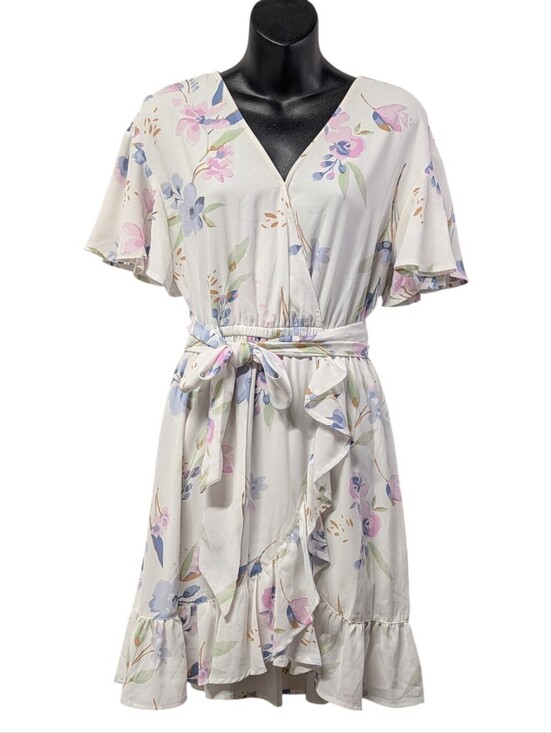 LC Lauren Conrad Dresses & Skirts - Lauren Conrad Floral Wrap Dress Size S Ruffle Hem Flutter Sleeve Tie Waist Mini